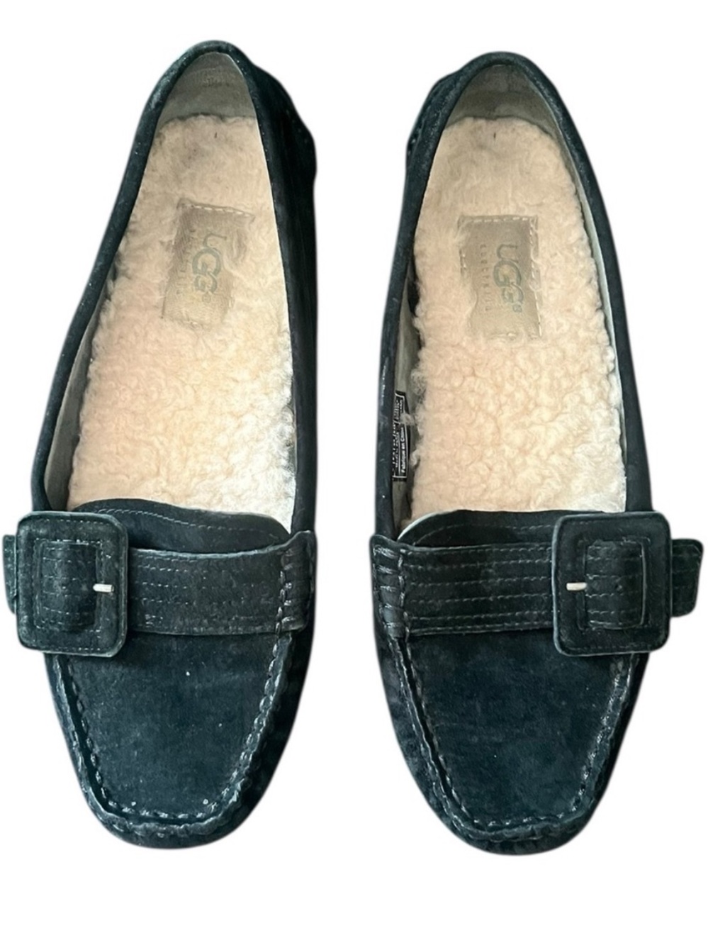 UGG Black Suede Buckle Loafers with Shearling Lining Size 7